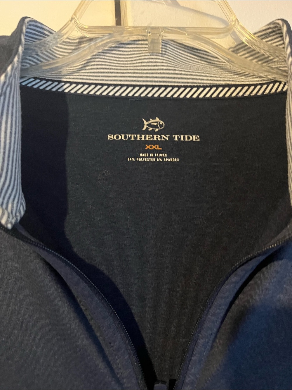 Southern Tide Navy Half-Zip Pullover with Striped Collar Accent